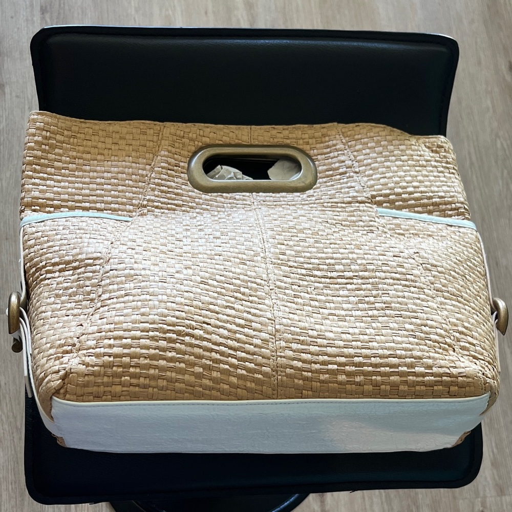 Elegant Tan and White Woven Tote Bag